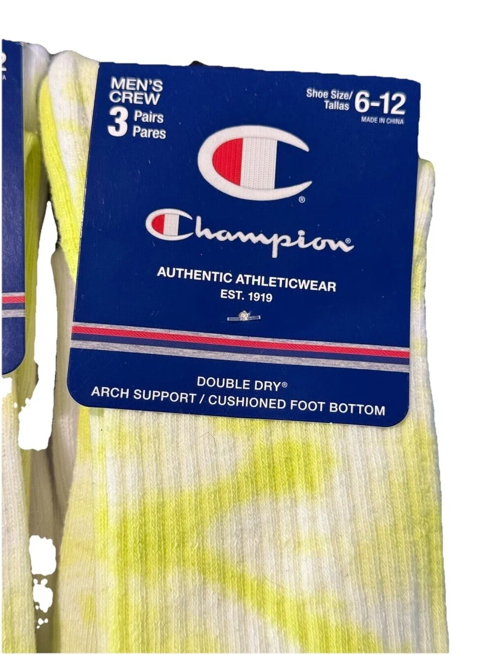 Champion Men's Crew Socks 3 Pairs Size 6-12 Yellow Tie-Dye